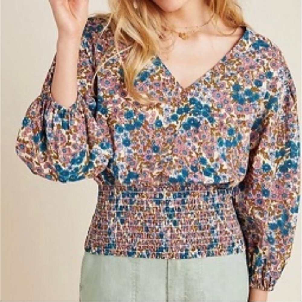 Maeve Blue and Pink Smocked 3/4 Sleeve Blouse